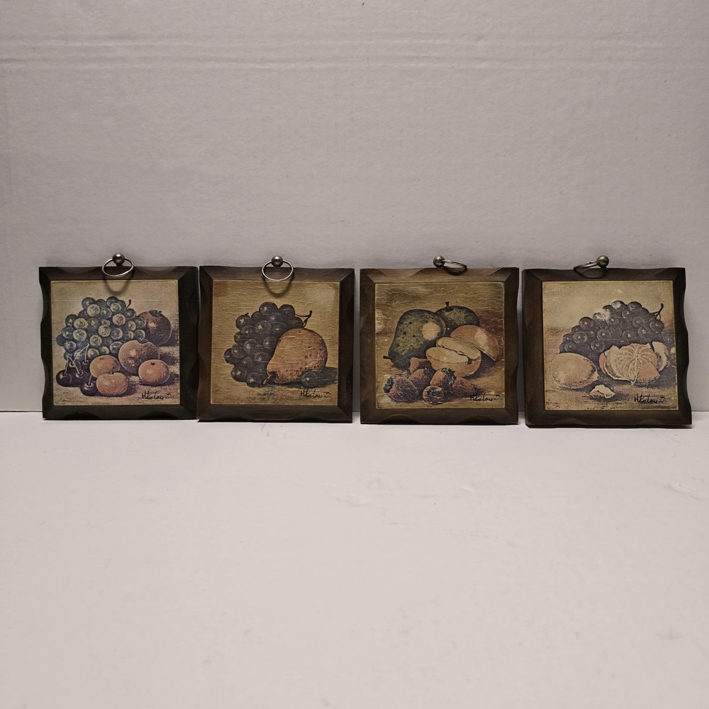 Vintage Homco Fruit Still Life Wall Plaques Set of 4 Wood Framed Kitchen Decor